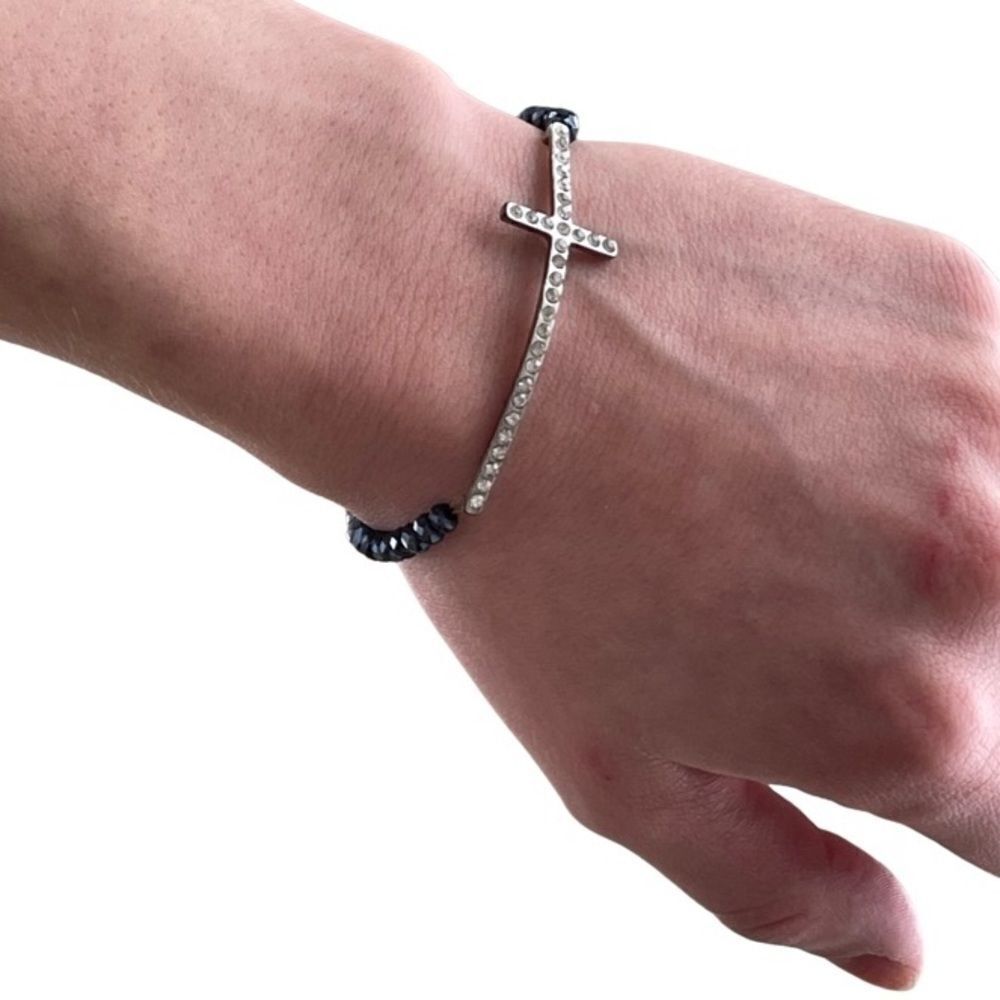 Iridescent Blue & Silver-tone Stretch Bracelet with Rhinestone Cross
